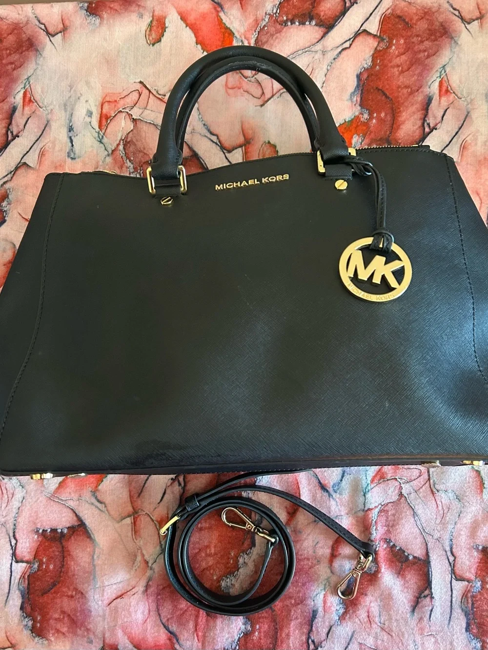 Michael Kors Black Saffiano Satchel with Gold MK Charm